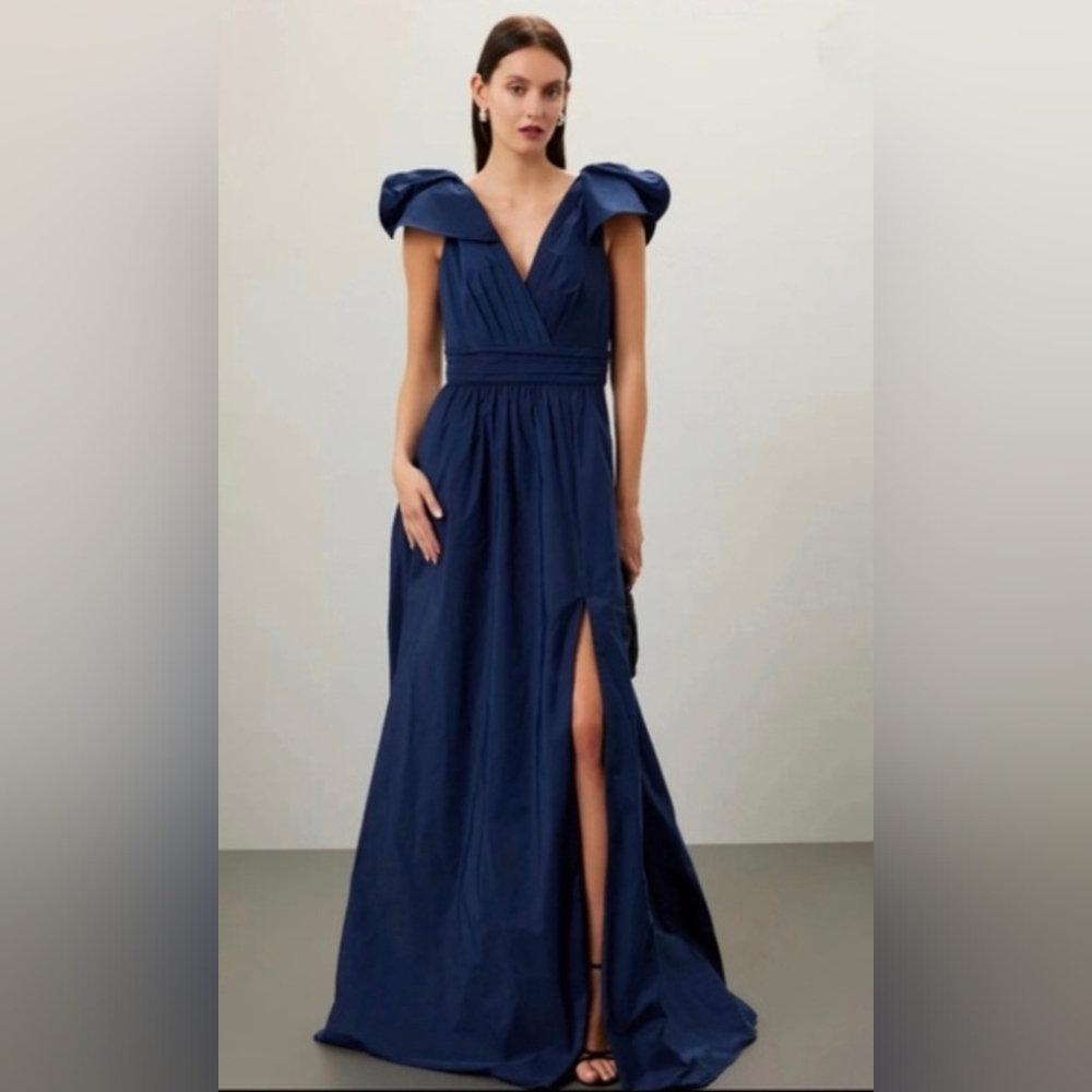 Marchesa Notte Bow Ruffle Taffeta Empire Ball Gown in Navy Size 10